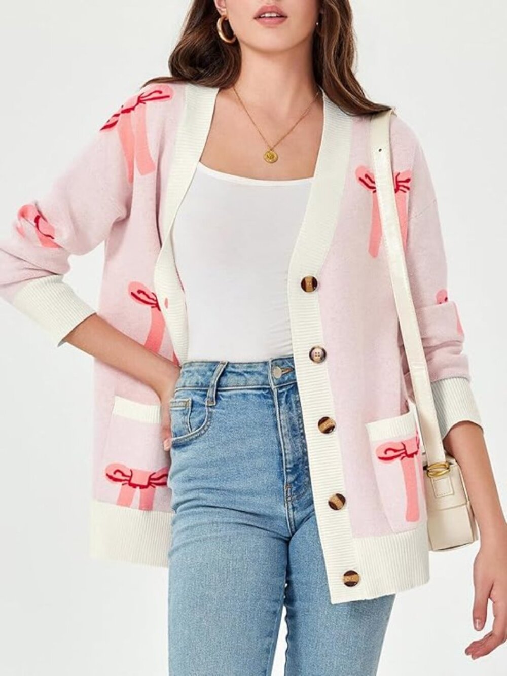 Women's Light Pink Bow-Print Cardigan Sweater